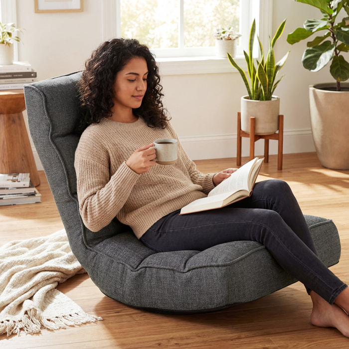 Silla de Suelo Plegable, Silla de Lectura Giratoria 360° con Respaldo Ajustable en 5 Posiciones, Sofá de Suelo de Lino y Acolchado, para Meditación y Gaming, 58x107x79 cm, Gris