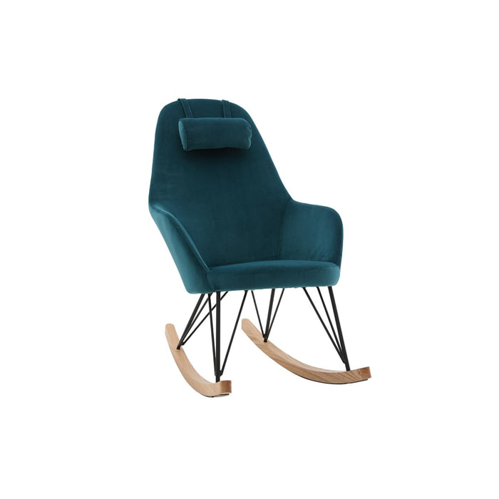 Rocking chair design en tissu velours gaufré bleu canard, métal noir et bois clair JHENE