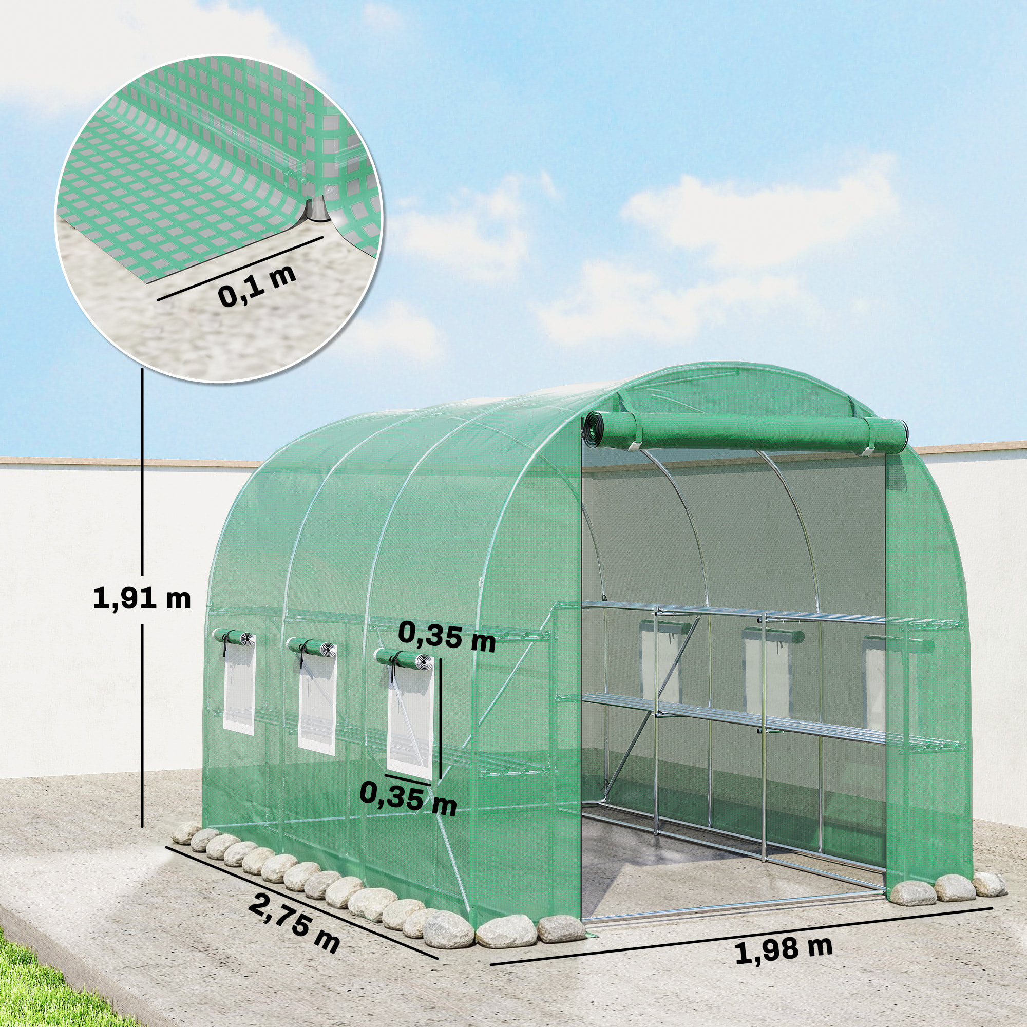 Invernadero de Exterior 2,8x2x1,9 m con Estantes, Invernadero de Túnel con Puerta Enrollable, 6 Ventanas de Malla, Cubierta PE y Marco de Acero Galvanizado, Anti-UV, Impermeable, Verde