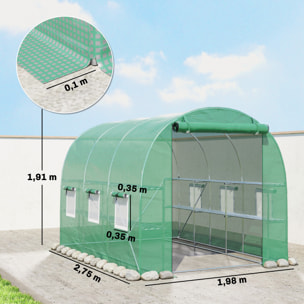 Invernadero de Exterior 2,8x2x1,9 m con Estantes, Invernadero de Túnel con Puerta Enrollable, 6 Ventanas de Malla, Cubierta PE y Marco de Acero Galvanizado, Anti-UV, Impermeable, Verde
