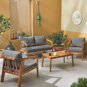 Salon de jardin gris 4 places LOBERIA. bois d'acacia dossier avec lanières effet cuir