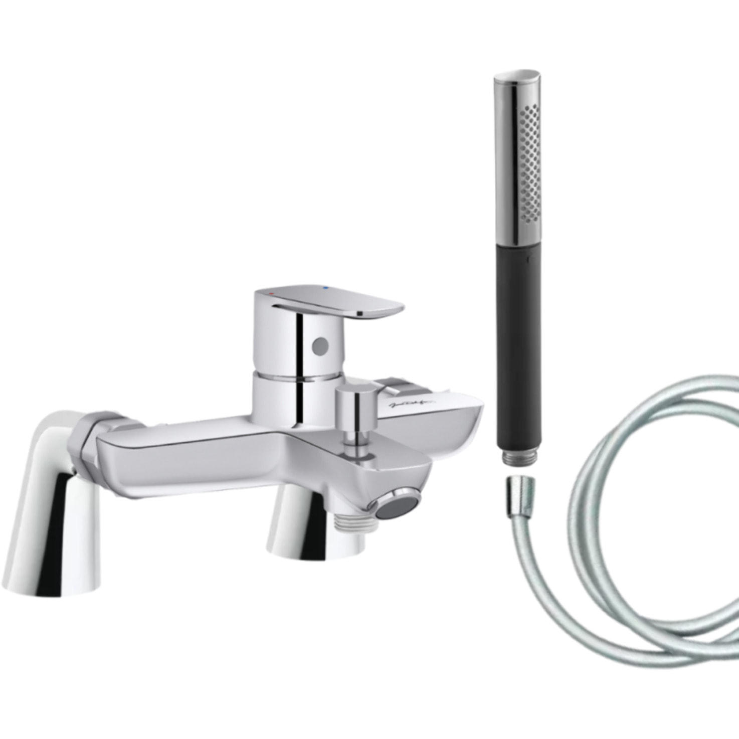 Mitigeur baignoire July+ + pommeau de douche Shift Ellipse + flexible de douche lisse + colonnettes