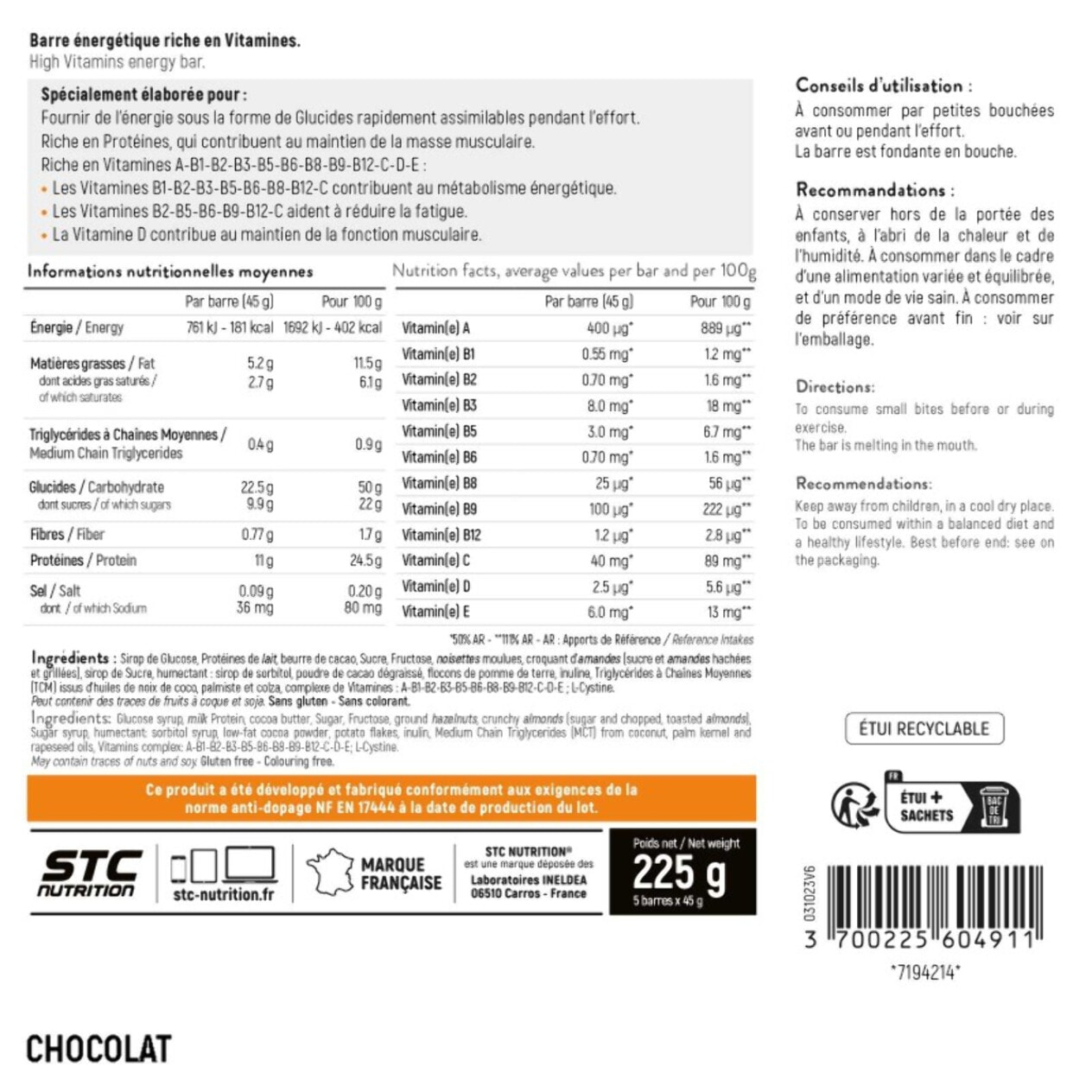 STC NUTRITION - VO2 Max Bar - Barre énergétique - Spéciale efforts longue durée - Glucides + Protéines (Whey) + Vitamines - Goût Banane, Chocolat ou Fruits Rouges - 5 barres