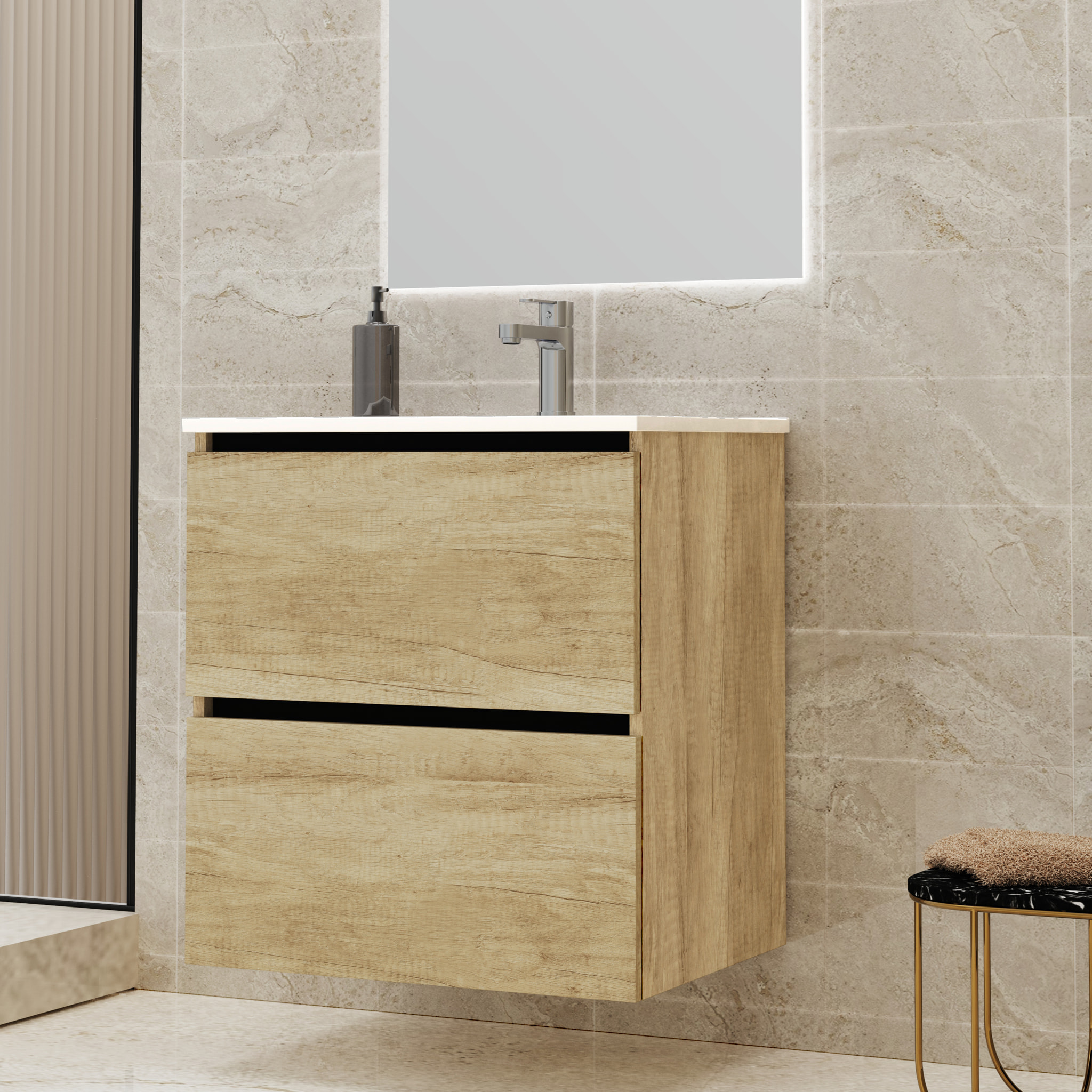 CONJUNTO DE BAÑO GLOOM | MUEBLE DE BAÑO SUSPENDIDO | 60 CM NATURE| DOS CAJONES | LAVABO ENCASTRADO | MUEBLE MONTADO | ALDAY