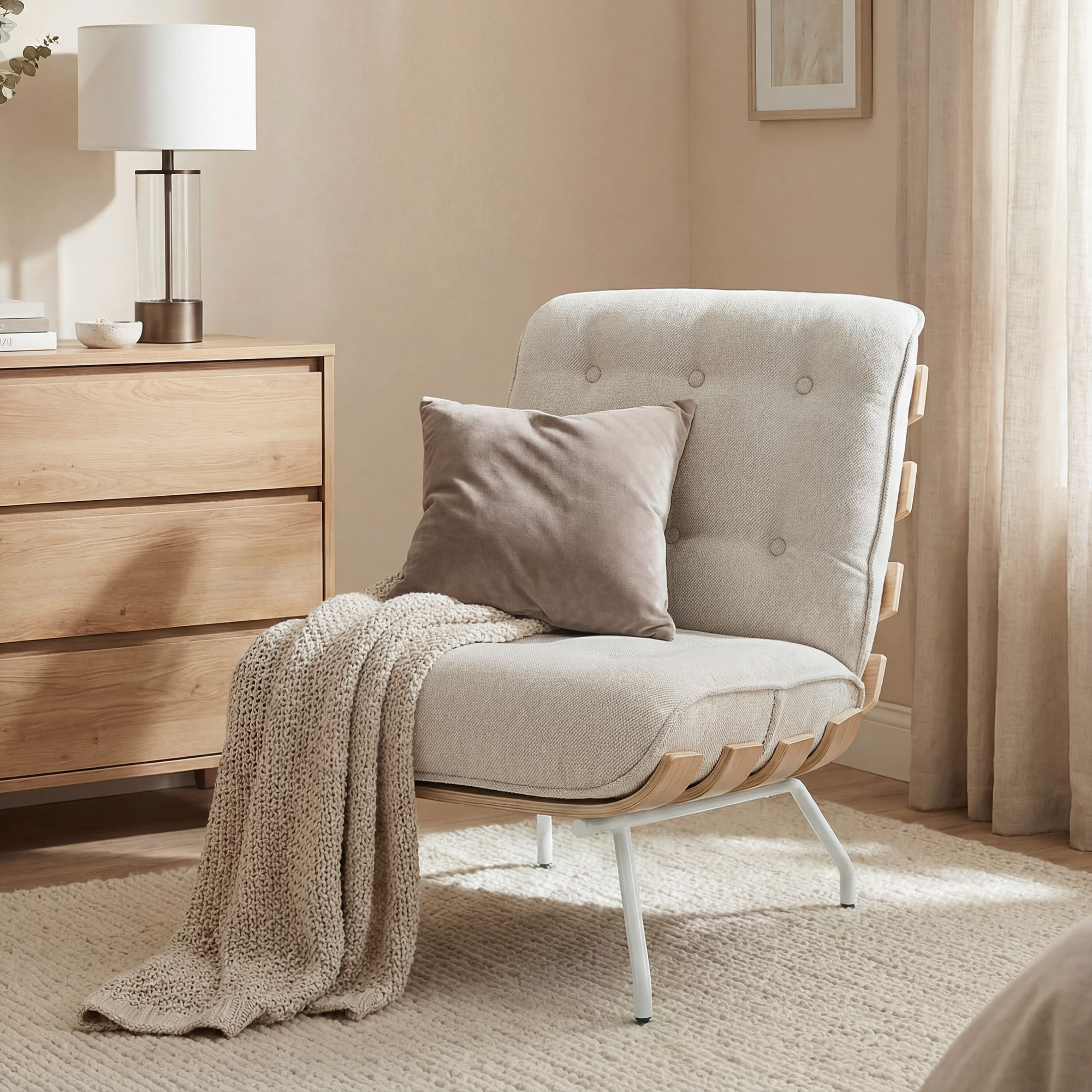 Butaca de Salón, Tapizado en Lino, Sillón Lectura con Asiento Acolchado, Soporte con Listones, Estructura de Acero, Butaca para Sala de Estar, Dormitorio, Crema