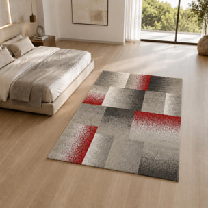 Tapis Kuje motif géométrique destructuré, rouge, gris