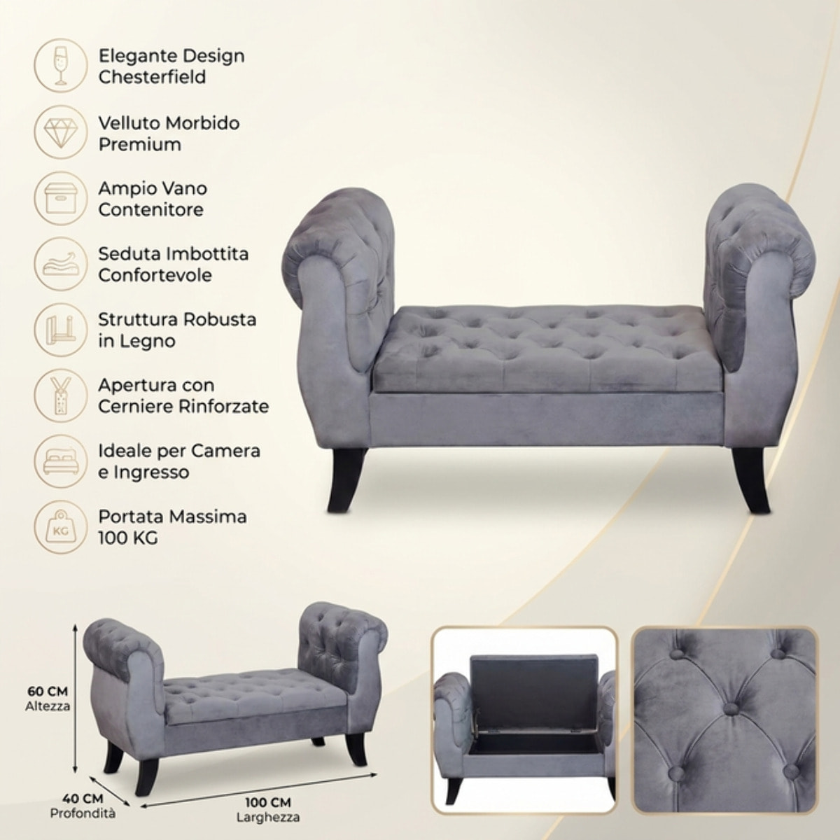 Divanetto Contenitore Imbottito in Effetto Velluto con Vano Contenitore Integrato, Seduta Elegante dallo Stile Classico per Camera da Letto, Ingresso e Soggiorno