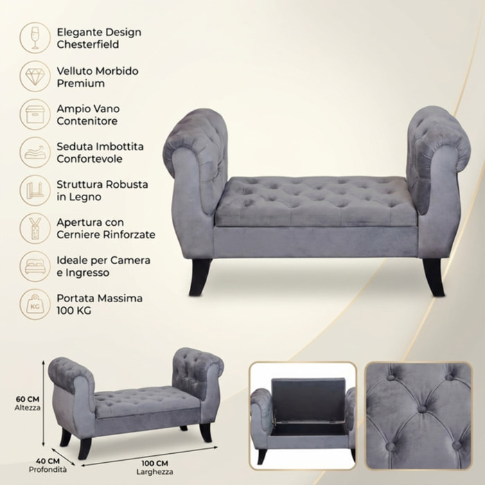 Divanetto Contenitore Imbottito in Effetto Velluto con Vano Contenitore Integrato, Seduta Elegante dallo Stile Classico per Camera da Letto, Ingresso e Soggiorno