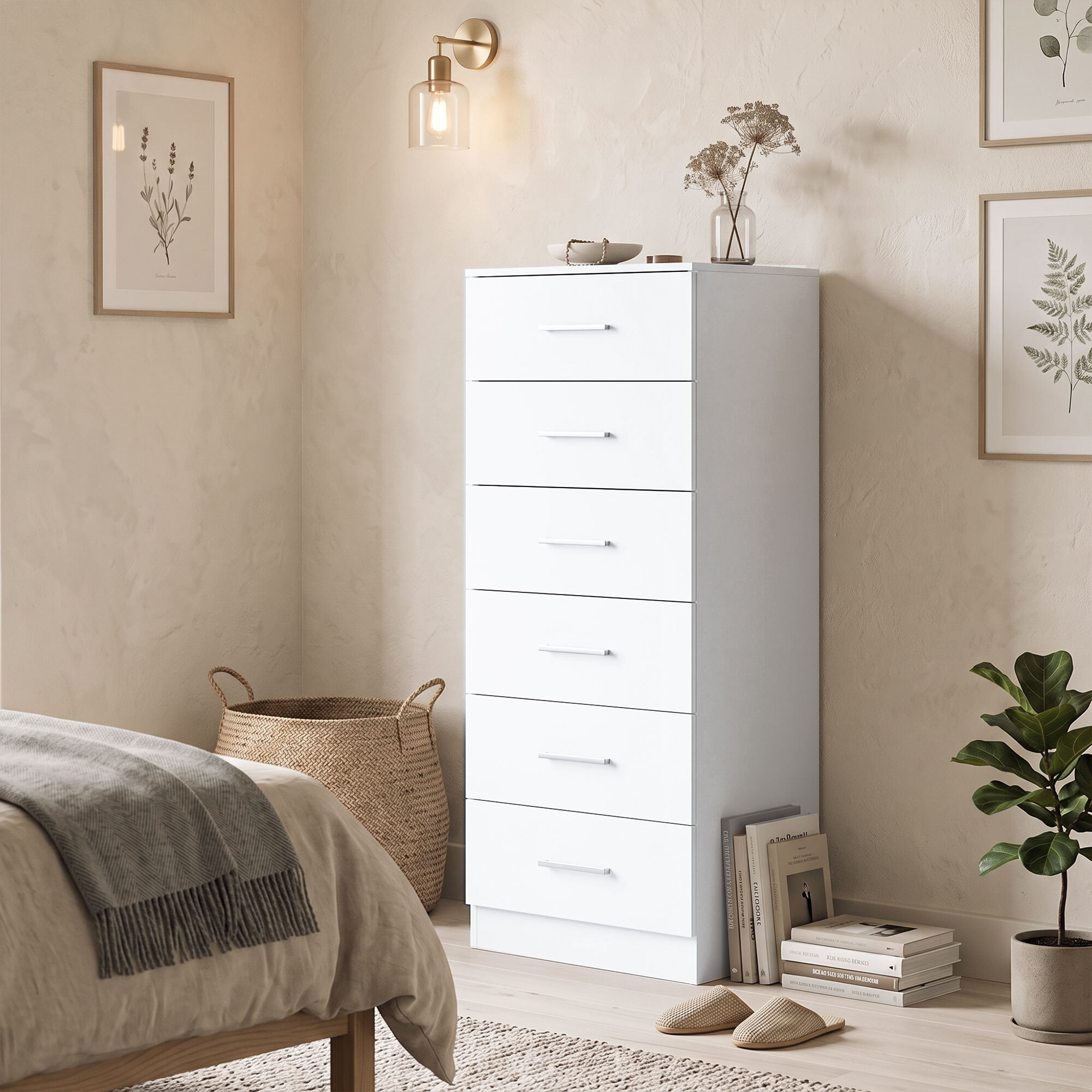 Cómoda de 6 Cajones, Cajonera para Dormitorio Alta y Estrecha, Sinfonier para Salón, Vestidor, Entrada, 40x40x110 cm, Blanco