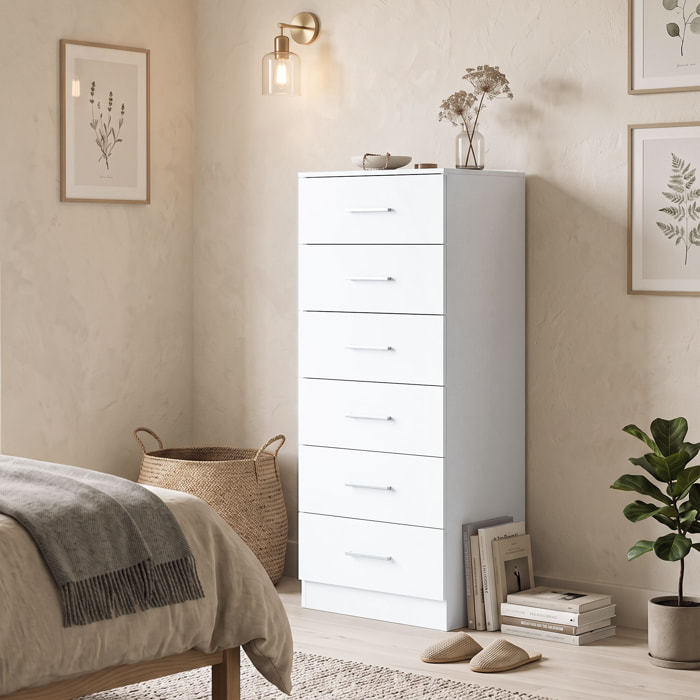 Cómoda de 6 Cajones, Cajonera para Dormitorio Alta y Estrecha, Sinfonier para Salón, Vestidor, Entrada, 40x40x110 cm, Blanco