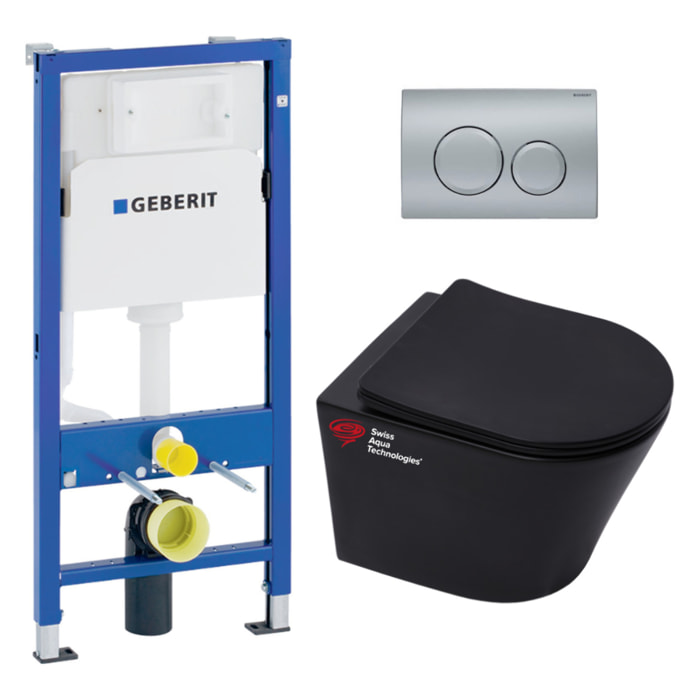 Pack WC Bati-support Geberit + WC sans bride Swiss Aqua Technologies + Abattant frein de chute + Plaque chrome mat