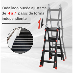 Escalera Telescópica de Aluminio 4 m Escalera Extensible Plegable con 8 Peldaños Ajustables y 2 Formas Escalera Multiusos Carga 150 kg Negro y Rojo