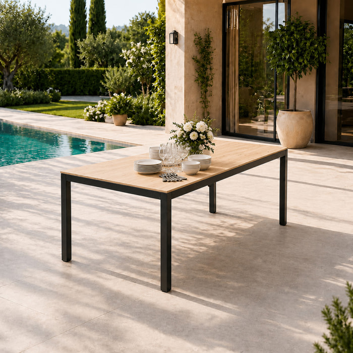 Table de jardin 190cm 8 personnes avec plateau en verre trempé effet bois NEWSTEAD