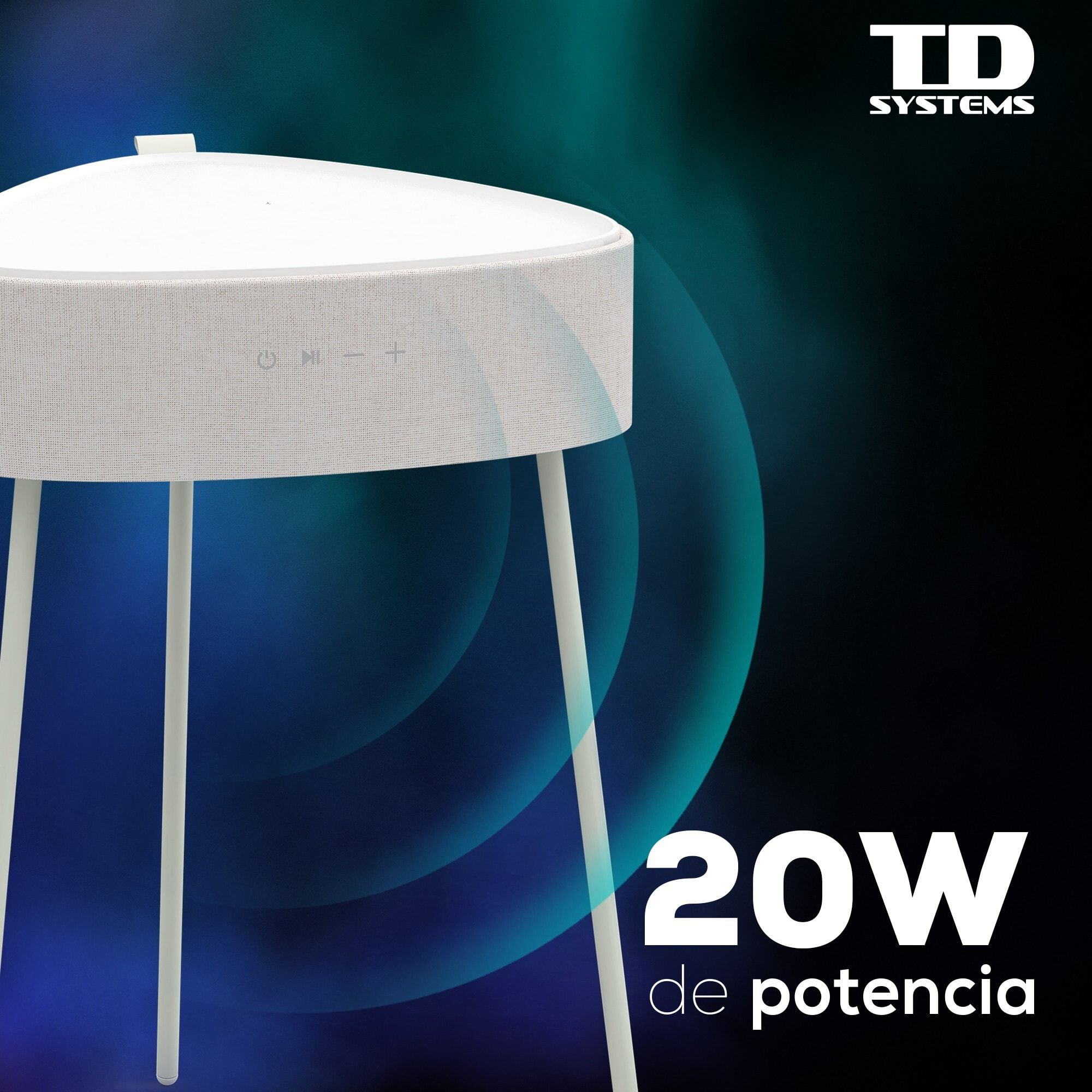 Mesa auxiliar altavoz portátil con sonido de 20W, Bluetooth, Base de carga inalámbrica, batería de 2500mAh. Mesilla o mesita para dormitorio o sala de estar - TD Systems SM20B11P