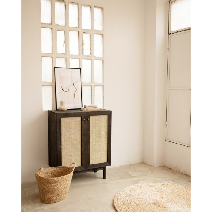 Buffet medulla en bois massif et rotin avec 2 portes ton noir 100x80cm Hauteur: 100 Longueur: 80 Largeur: 40