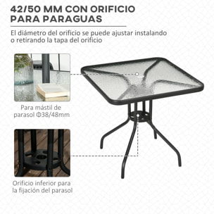Mesa de Jardín Cuadrada Mesa de Comedor Exterior 76x76x72 cm con Agujero para Sombrilla y Encimera de Vidrio Templado para Patio Terraza Negro