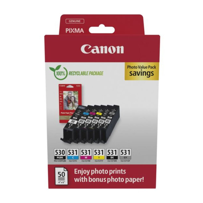 Cartouche d'encre CANON Pack Multipack 6 Originales PGI/CLI-530/531 (Noir + 5 Couleurs) - 5970C004