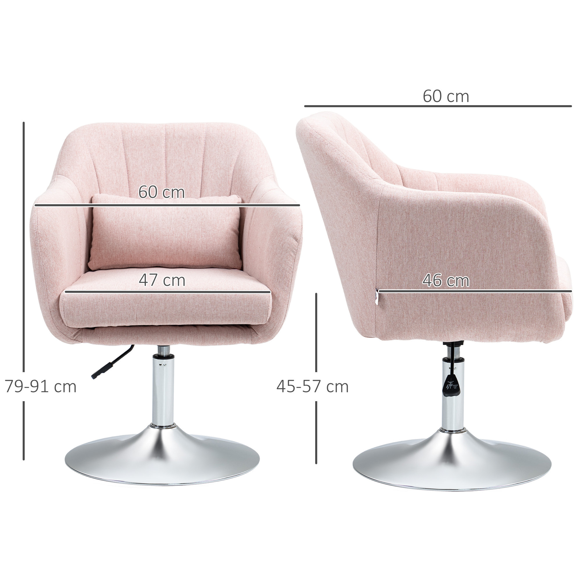 Fauteuil lounge design grand confort coussins lombaires hauteur réglable pivotant 360° piètement métal chromé lin rose