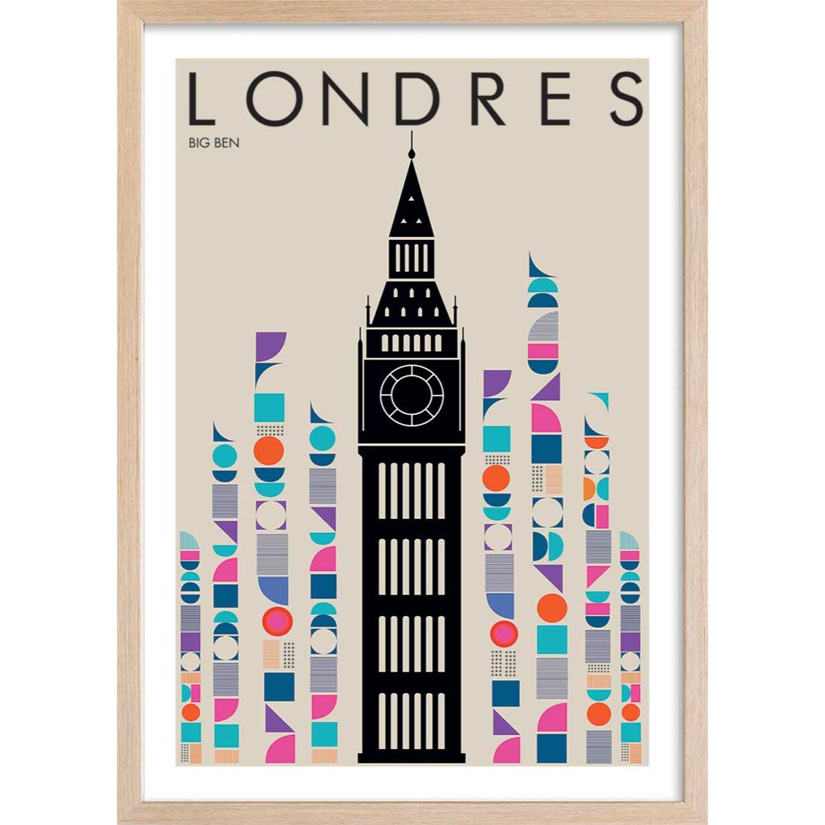 Affiche london big ben retro Affiche + cadre en bois - Chêne