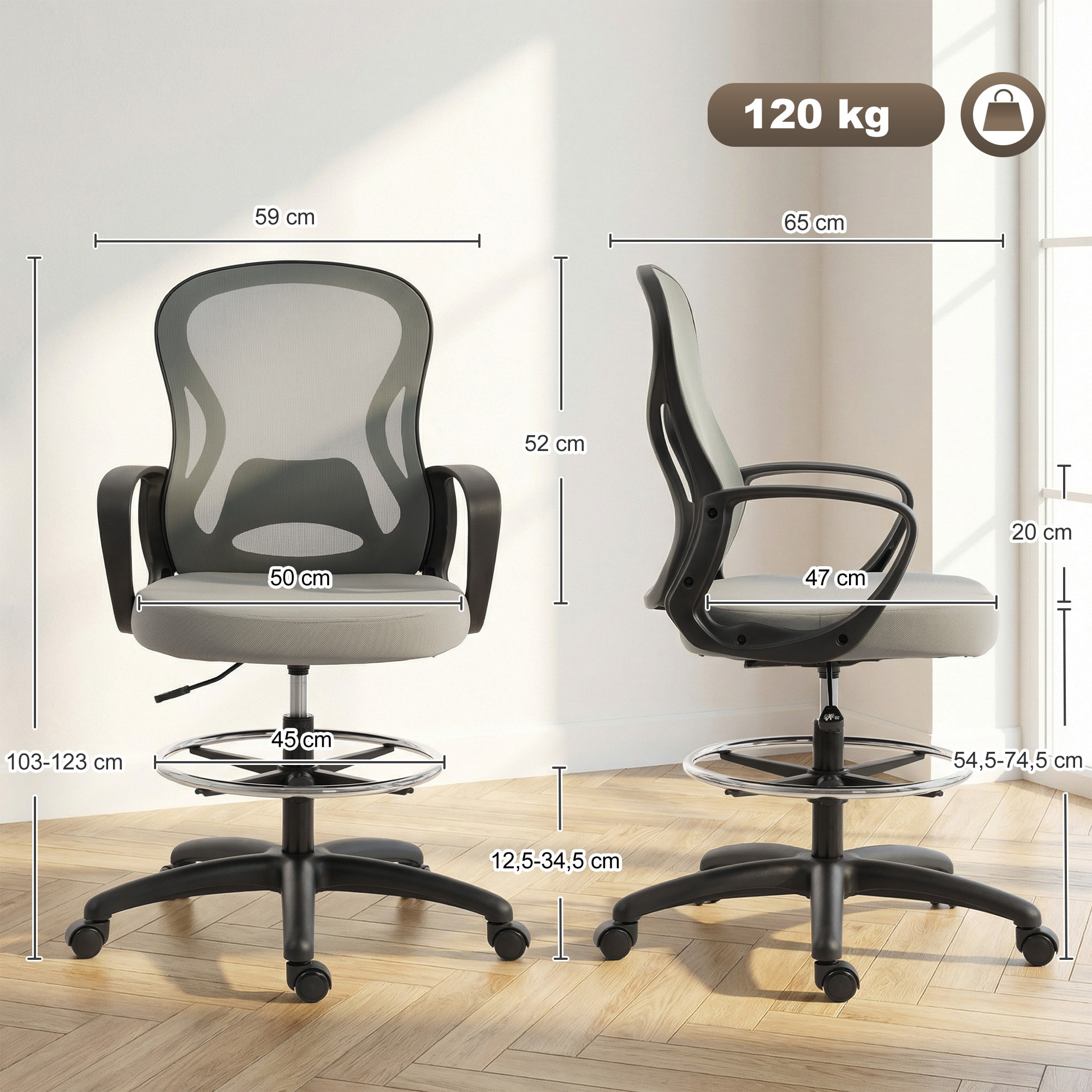 Chaise de bureau assise haute réglable pivotant 360° maille respirante gris