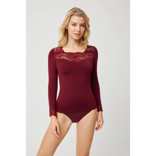 Maglietta termica in pizzo a maniche lunghe color marrone