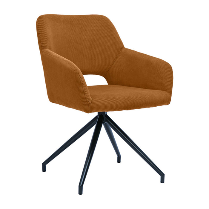 Chaise pivotante 360° en tissu velours côtelé terre brûlée et métal noir LAURETTE
