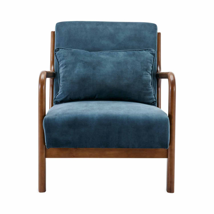 Fauteuil en velours bleu pétrole. pieds bois d'hévéa teinté noyer clair. 1 place droit fixe. pieds compas scandinave