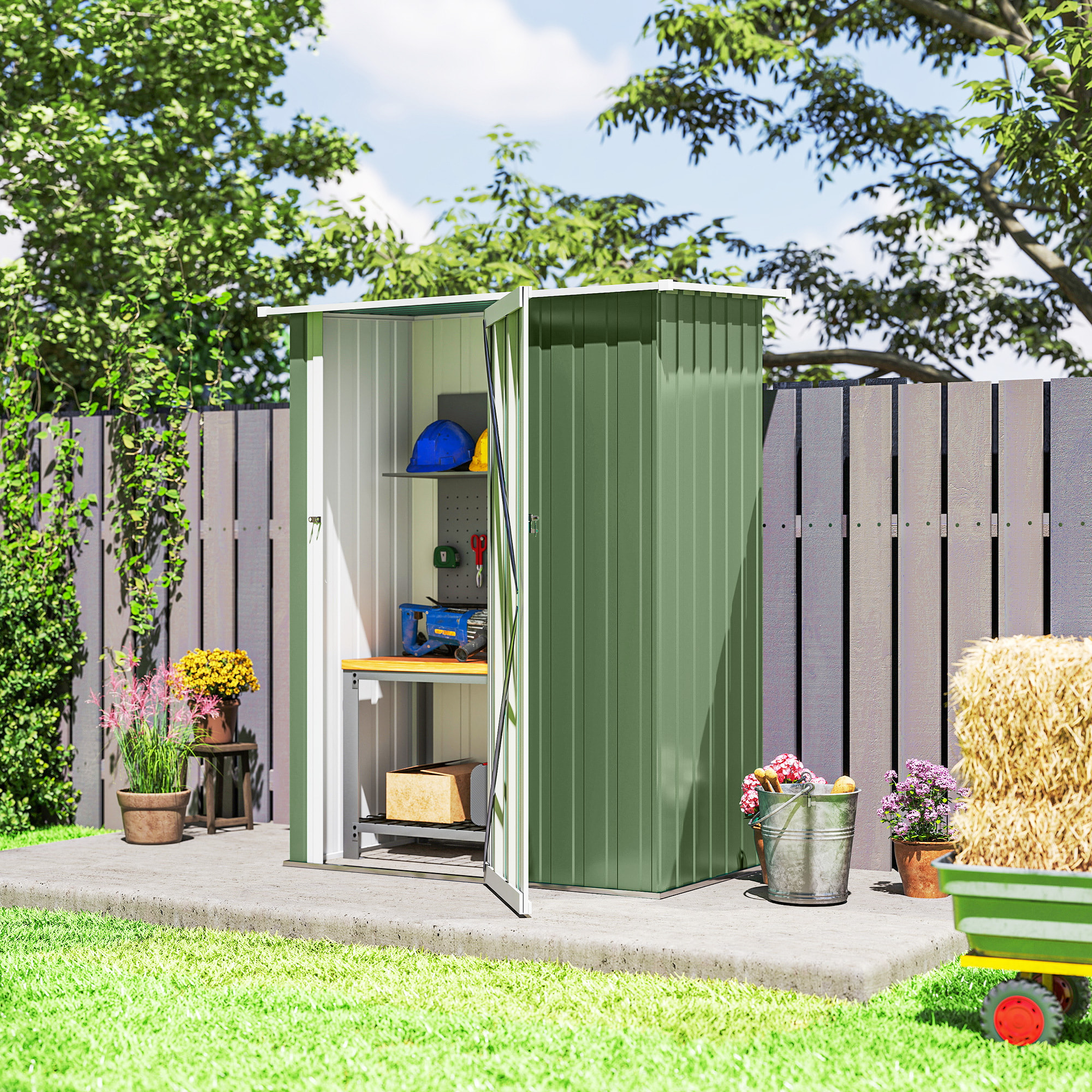 Caseta de Jardín 1,07 m² 142x86x189 cm Cobertizo Exterior Metálico con Puerta Cerradura y Orificios de Drenaje para Almacenamiento de Herramientas Verde Claro