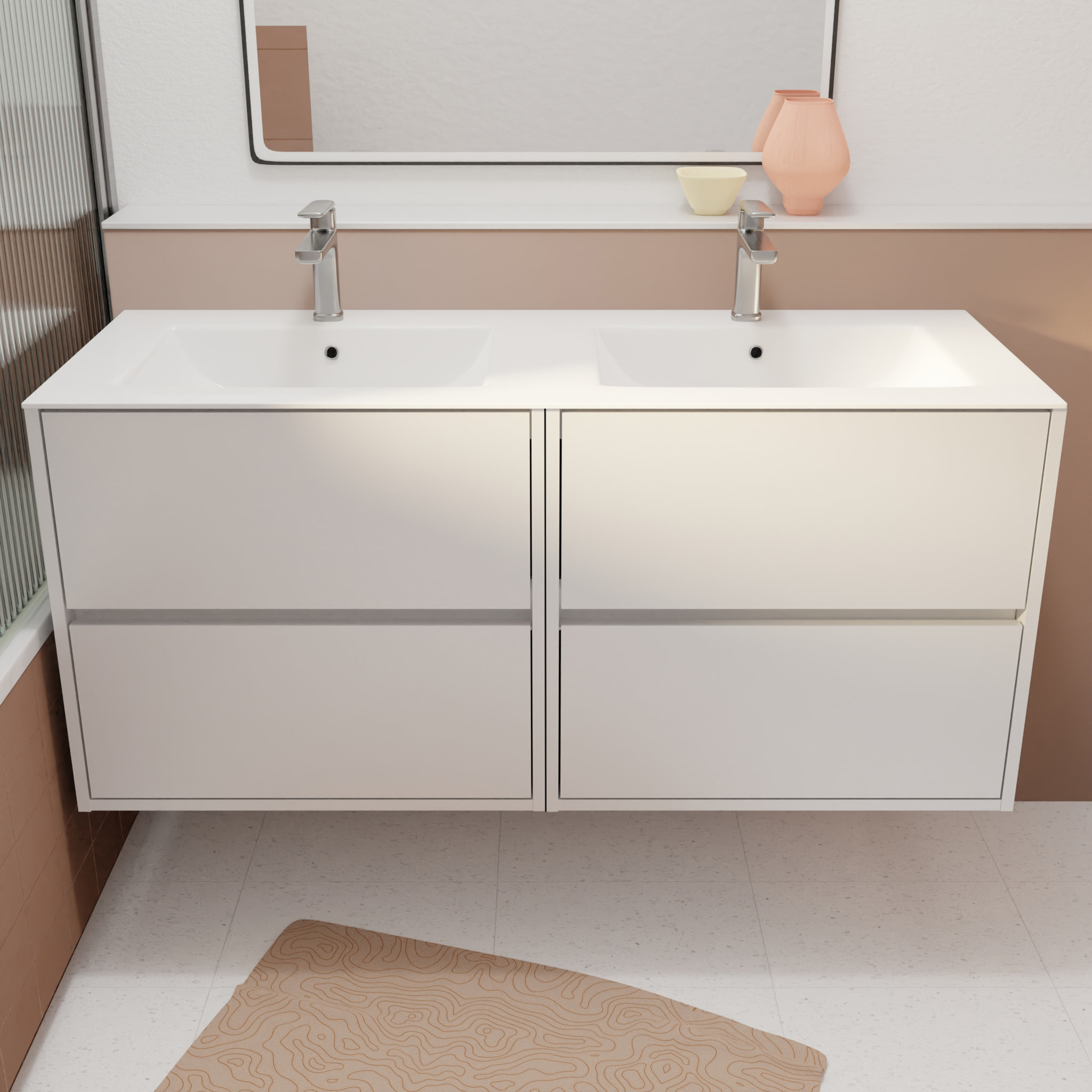 Pack Meuble Salle de Bains 120 cm Laque Blanc, 4 tiroirs avec Vasque Céramique - XENOS
