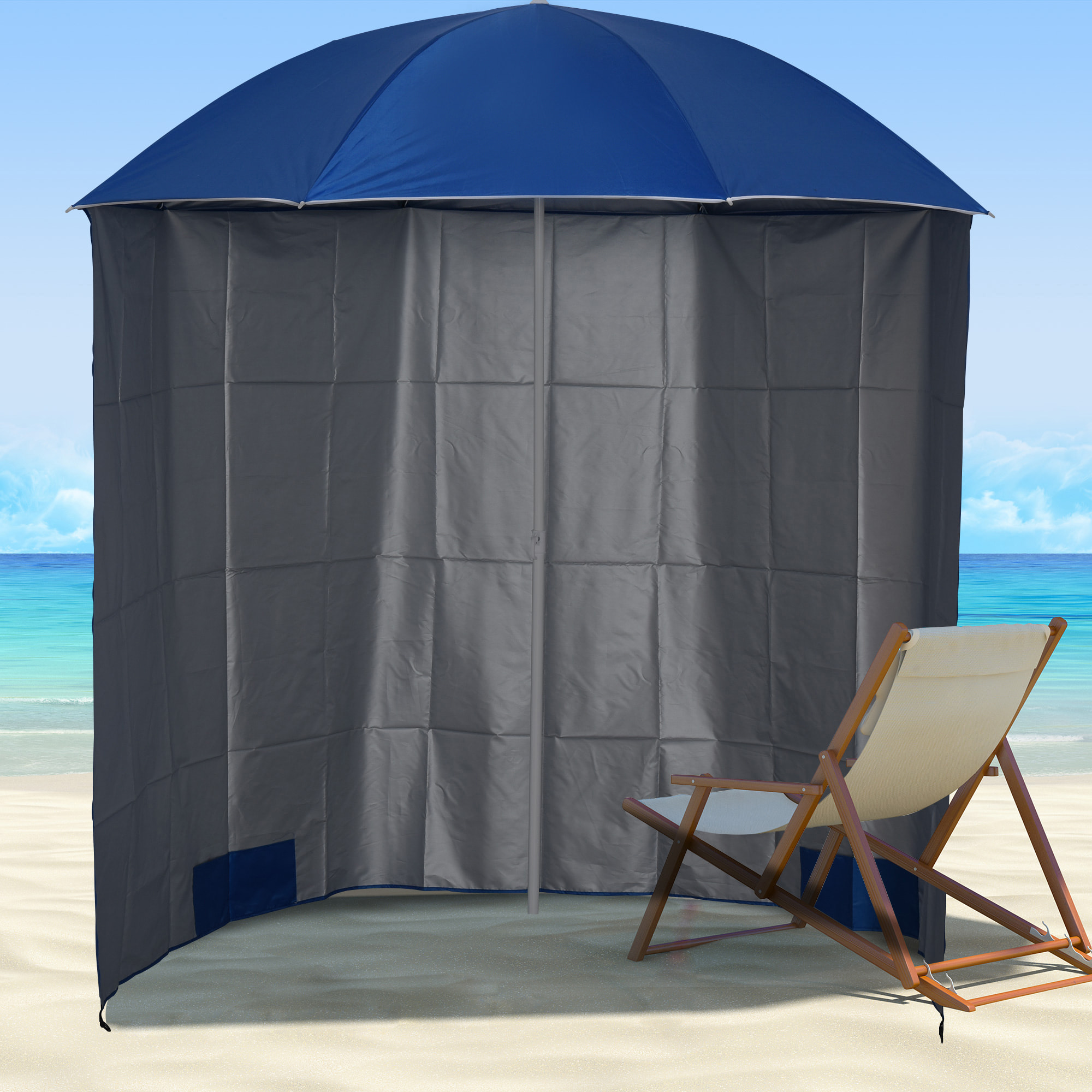Parasol de plage Ø 2,2 x 2,2H cm protection UPF 50 + sac transport, sardines et lestage intégrés bleu