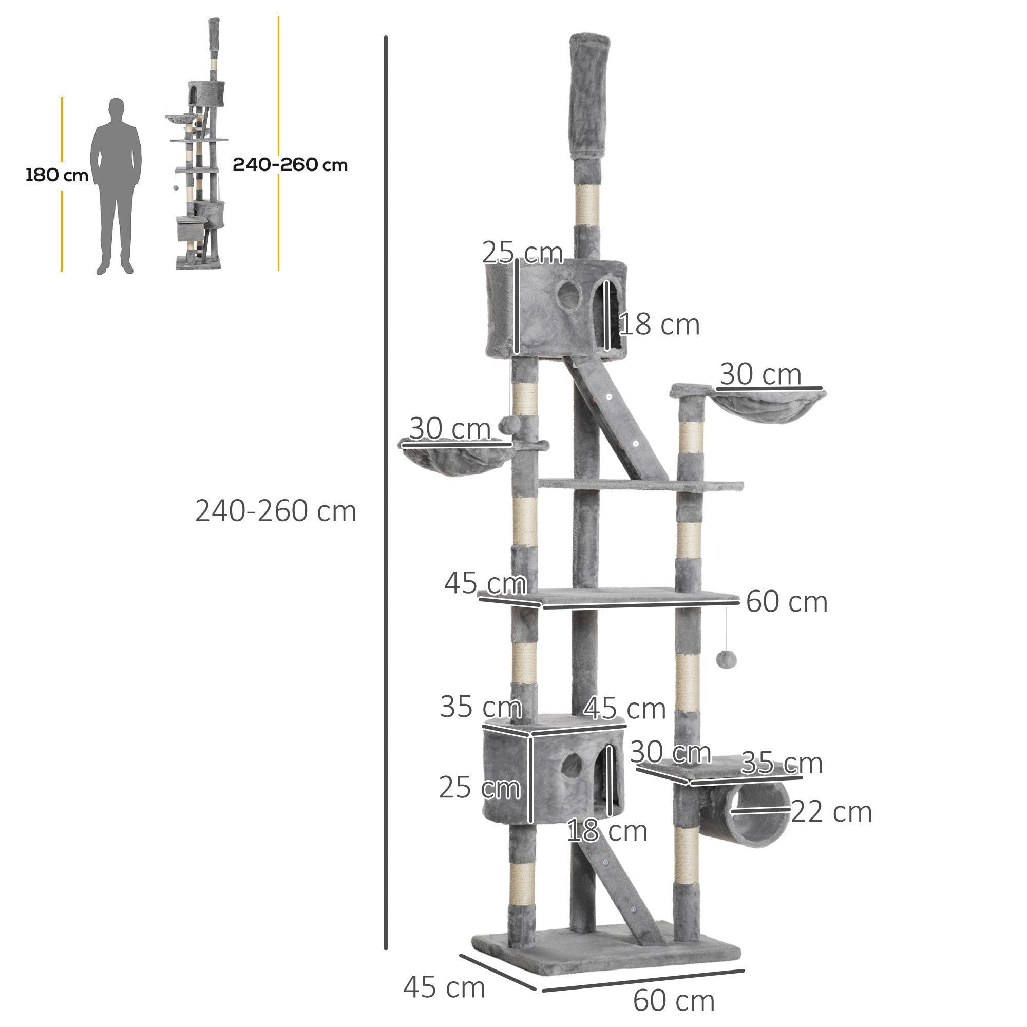 Árbol para Gatos de Suelo a Techo de 240-260 cm Árbol Rascador para Gatos con Altura Ajustable Múltiples Plataformas Cuevas Cestos y Rampas Gris