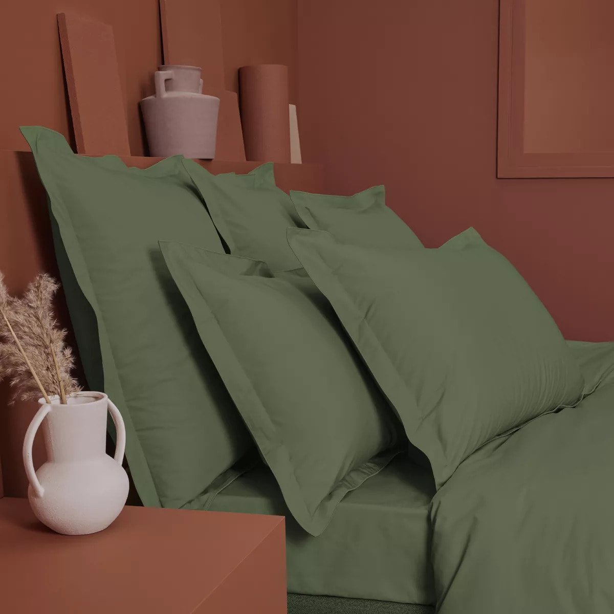 Housse de couette percale de coton uni vert La percale francaise kaki