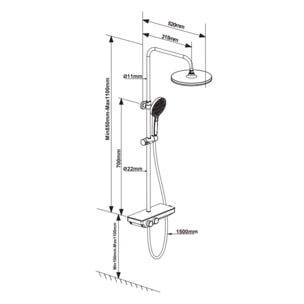 Colonne de douche avec douchette 3 jets, Mitigeur thermostatique, Barre réglable en hauteur, Noir/Chrome