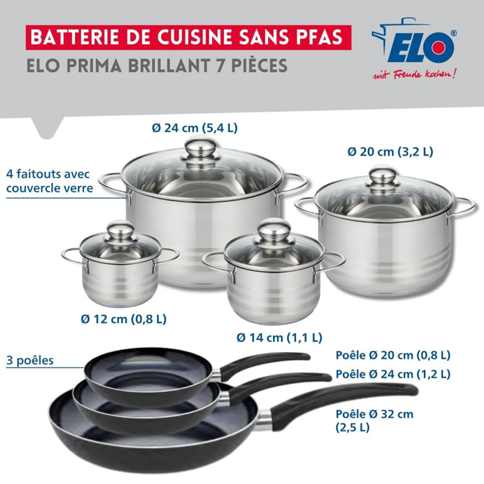 Ensemble de 3 Poêles de cuisson 20, 24 et 32 cm et 4 faitouts 12, 14, 20 et 24 cm Elo Prima Brillant