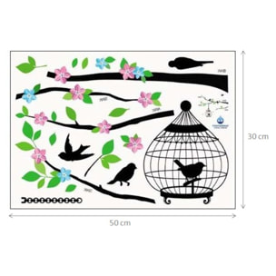 Stickers Muraux décoration adhésifs arbre fleuri et cage oiseaux