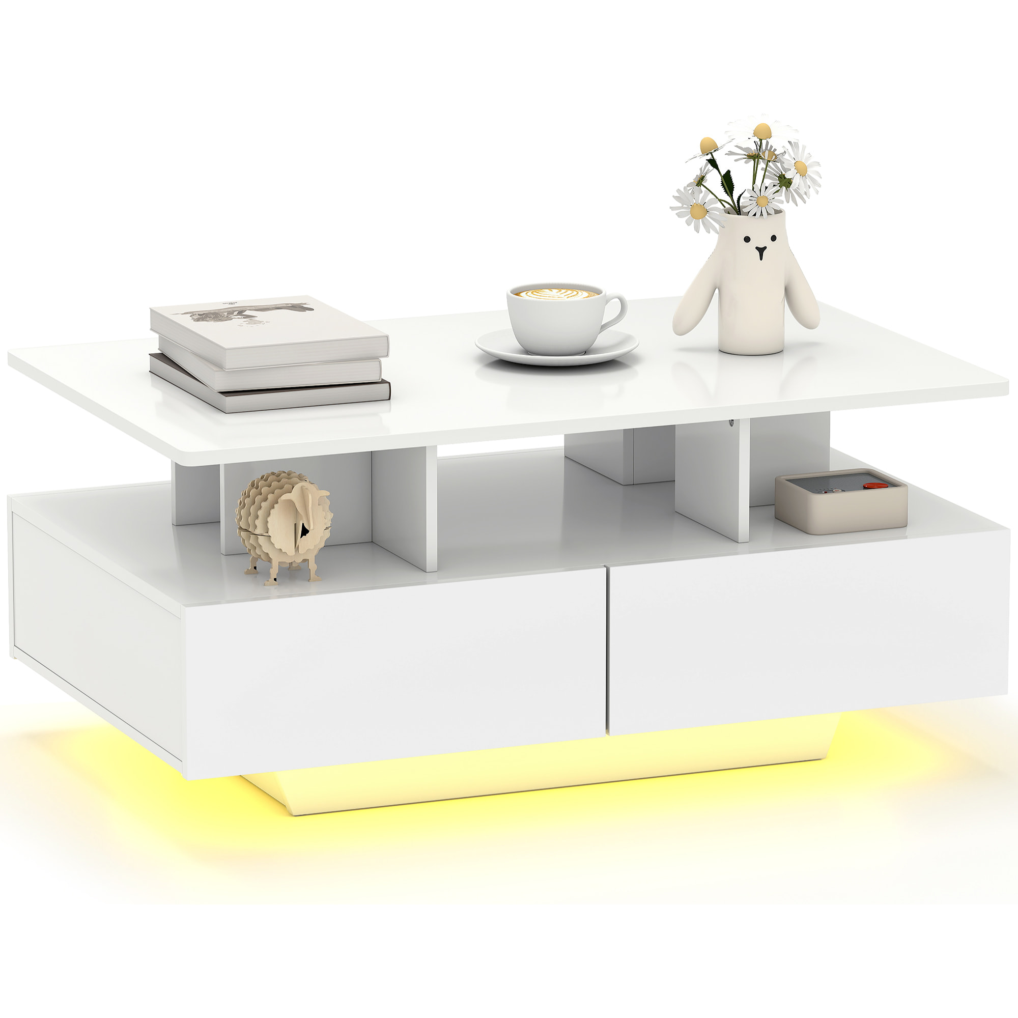 Mesa de Centro LED Moderna Mesa de Café Brillante con 4 Cajones Estante Abierto y Luces LED de 16 Colores para Salón 90x55x41 cm Blanco Brillo