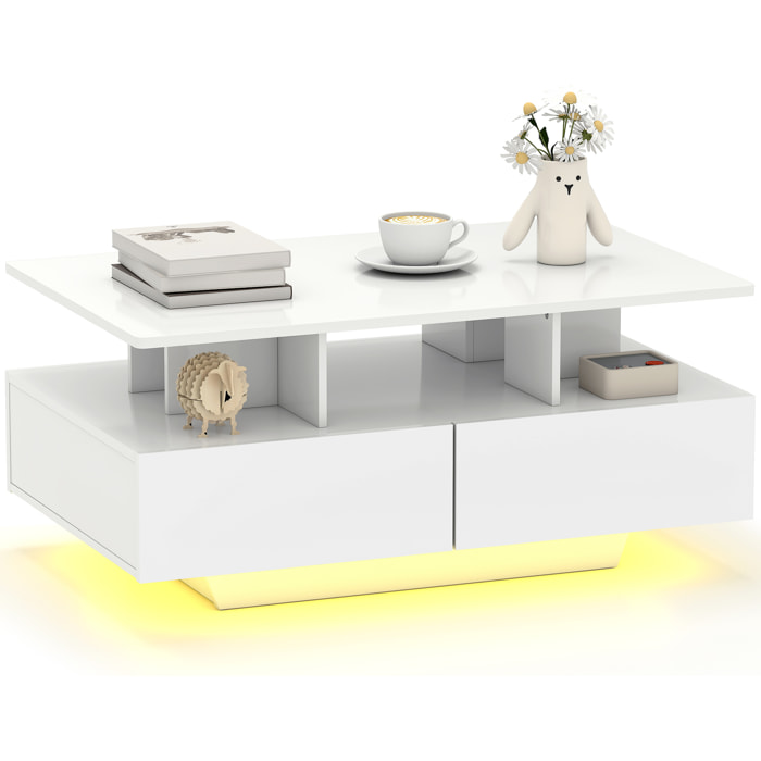 Mesa de Centro LED Moderna Mesa de Café Brillante con 4 Cajones Estante Abierto y Luces LED de 16 Colores para Salón 90x55x41 cm Blanco Brillo