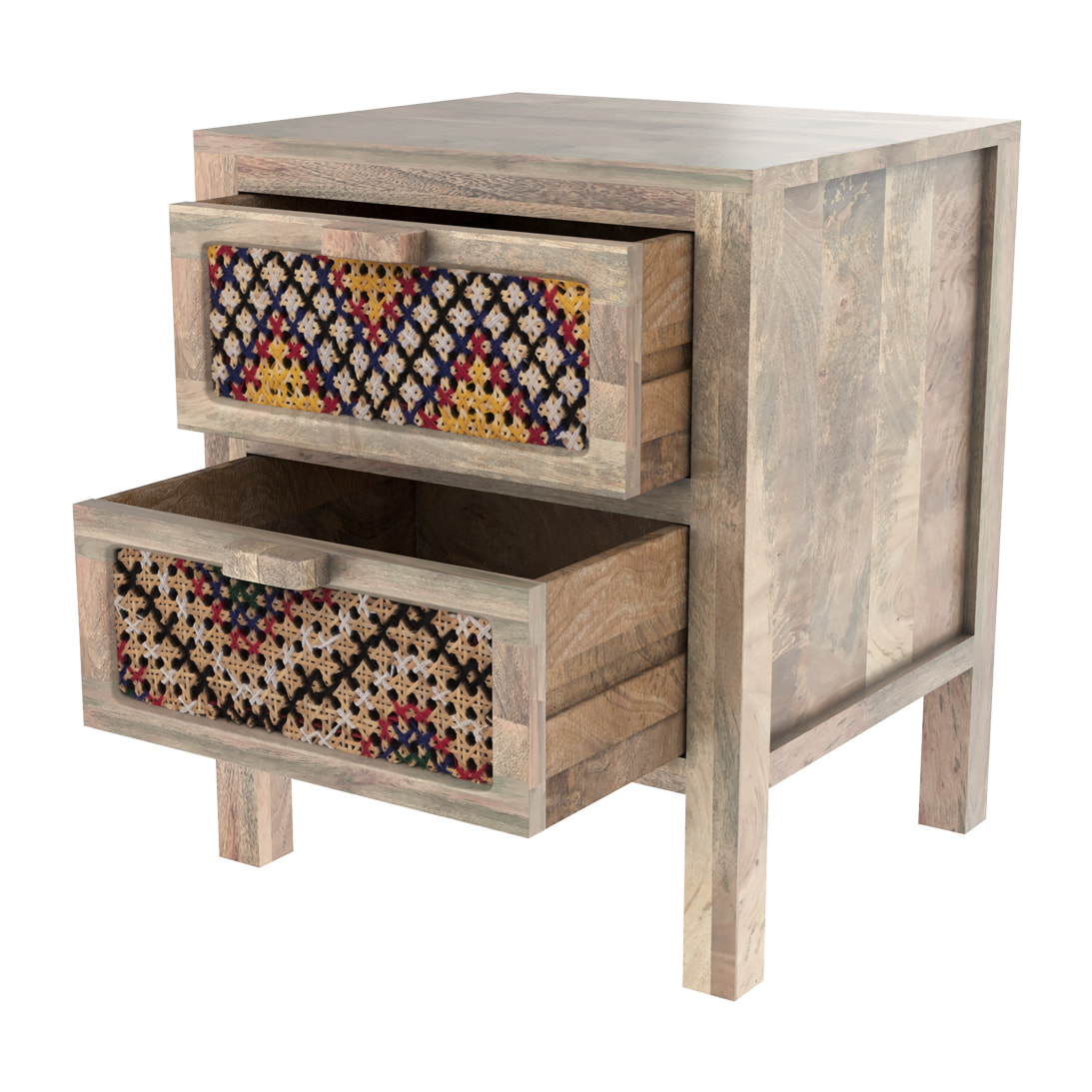 Table de chevet 2 tiroirs en manguier et cannage coloré - Massaï