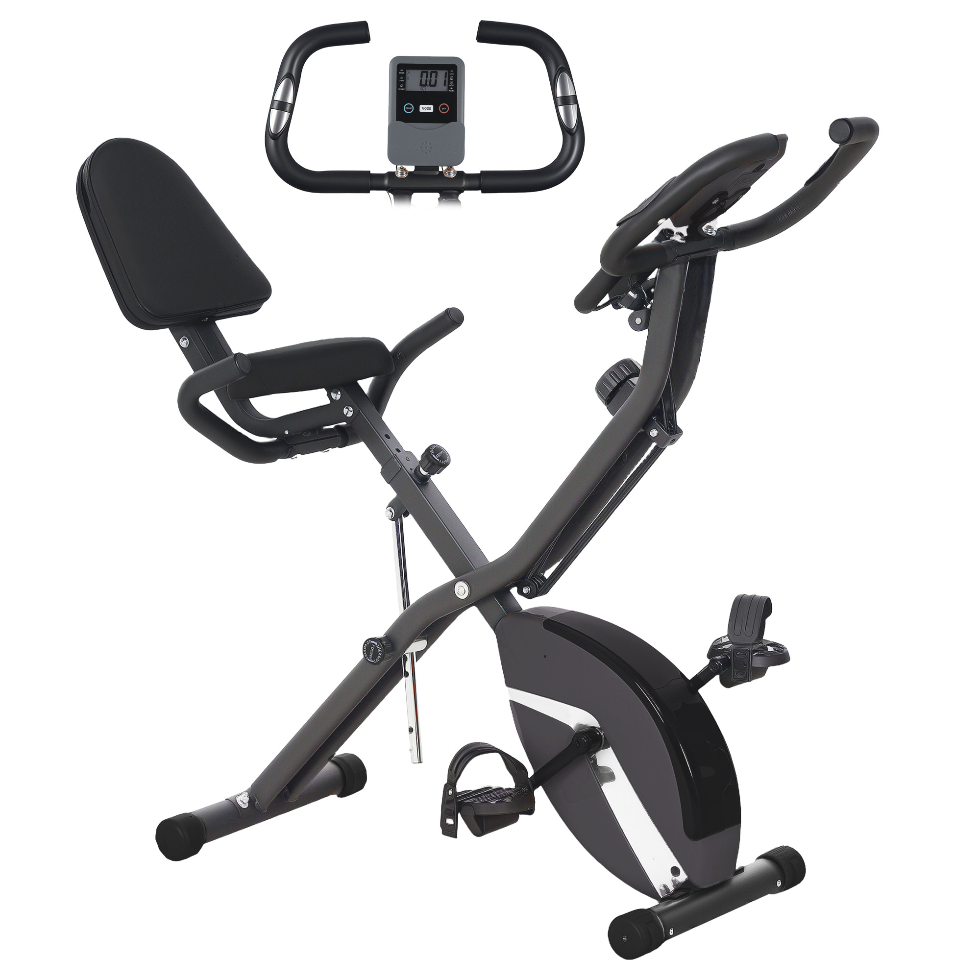 Bicicleta Estática Plegable con Respaldo Bici Estática Silenciosa con 8 Niveles de Resistencia Magnética Sillín Regulable Volante Pantalla LCD Pulsómetro y Banda Carga 110 kg Negro