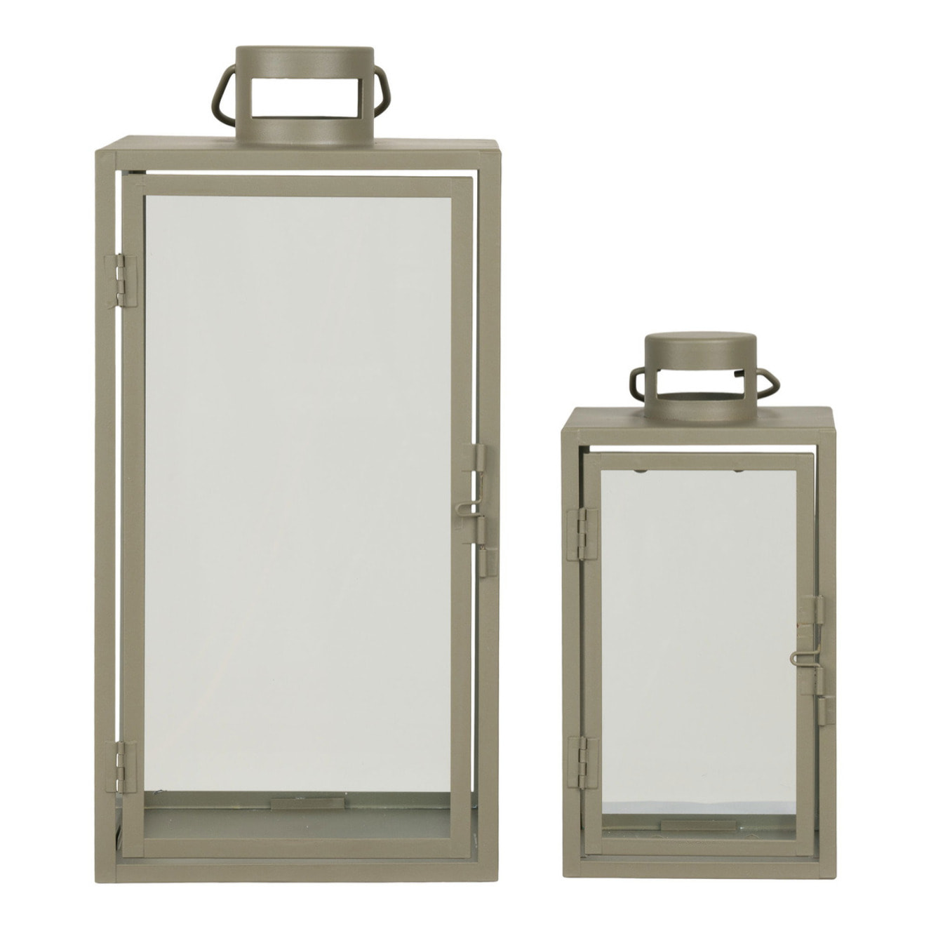 Set 2 lanterne in metallo e vetro Corfu — verde salvia, misure graduate