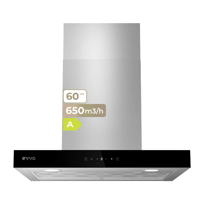 EVVO Campana extractora CE31 decorativa 60 cm, 650 m³/h, 3 velocidades, modo boost, táctil display, LED, temporizador, A.