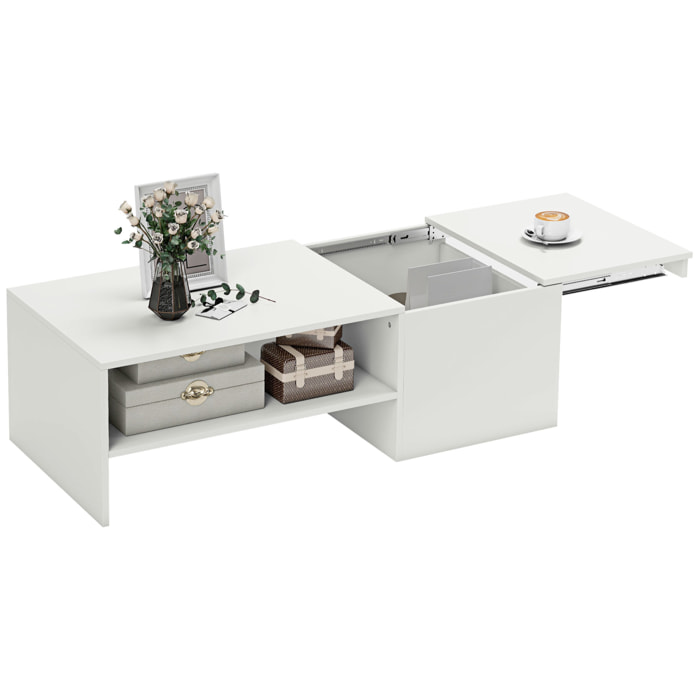 Mesa de Centro con Tablero Deslizante, Mesa baja para Salón Moderna con Compartimento Oculto, Estante Abierto, Mesa de Café para Comedor, Oficina, 110x52x36 cm, Blanco