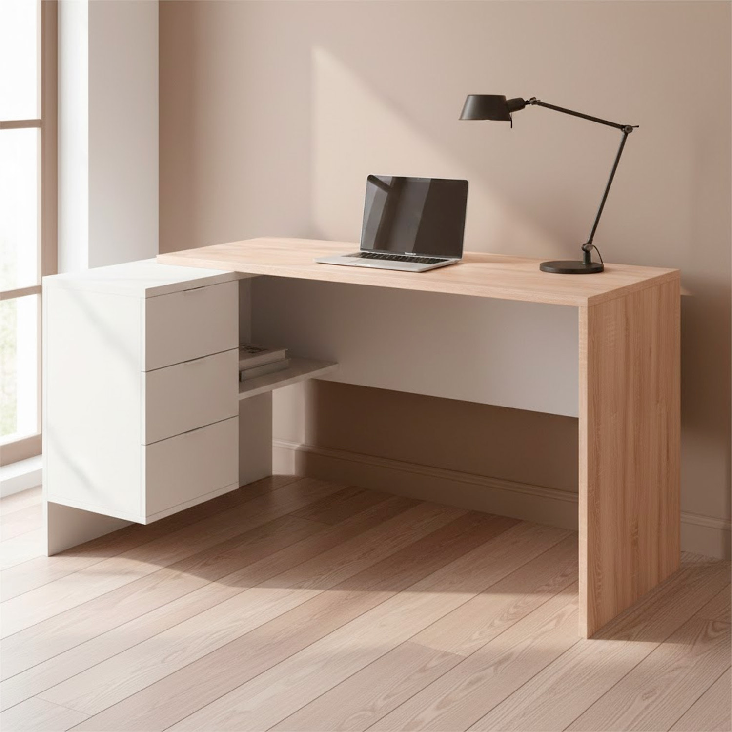 Scrivania Ufficio Studio Reversibile Con Cassettiera A 3 Cassetti Tavolo Da Lavoro Moderno Design Salvaspazio 145 x 108 x 73 Cm Rovere E Bianco Opaco