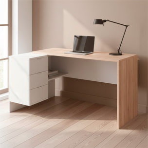 Scrivania Ufficio Studio Reversibile Con Cassettiera A 3 Cassetti Tavolo Da Lavoro Moderno Design Salvaspazio 145 x 108 x 73 Cm Rovere E Bianco Opaco
