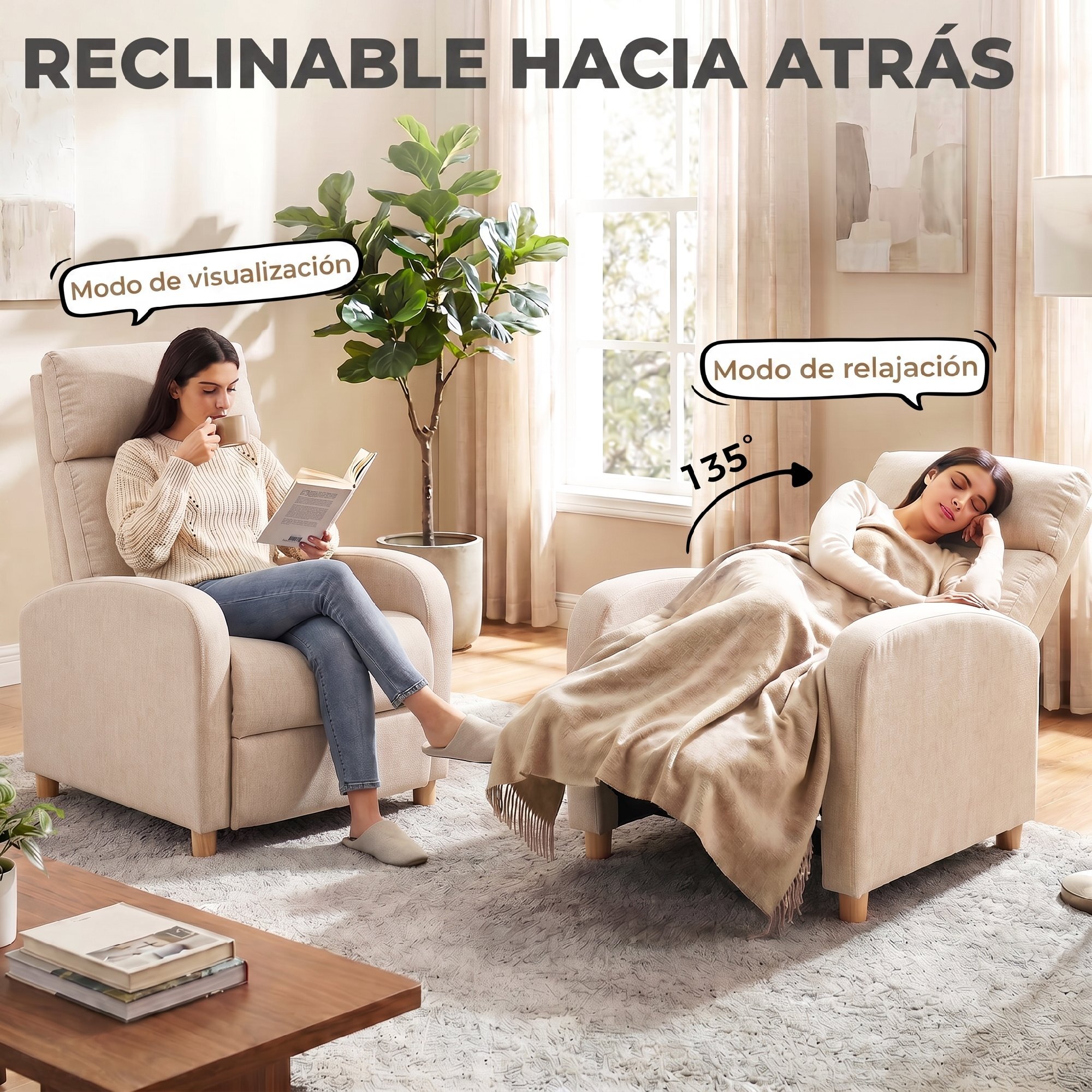 Sillón Relax Reclinable, Sillón Reclinable Manual hasta 135°, Tapizado en Lino, Reposapiés, Muelles Ensacados, Respaldo Alto Grueso y Patas de Madera para Salón, Oficina, Beige