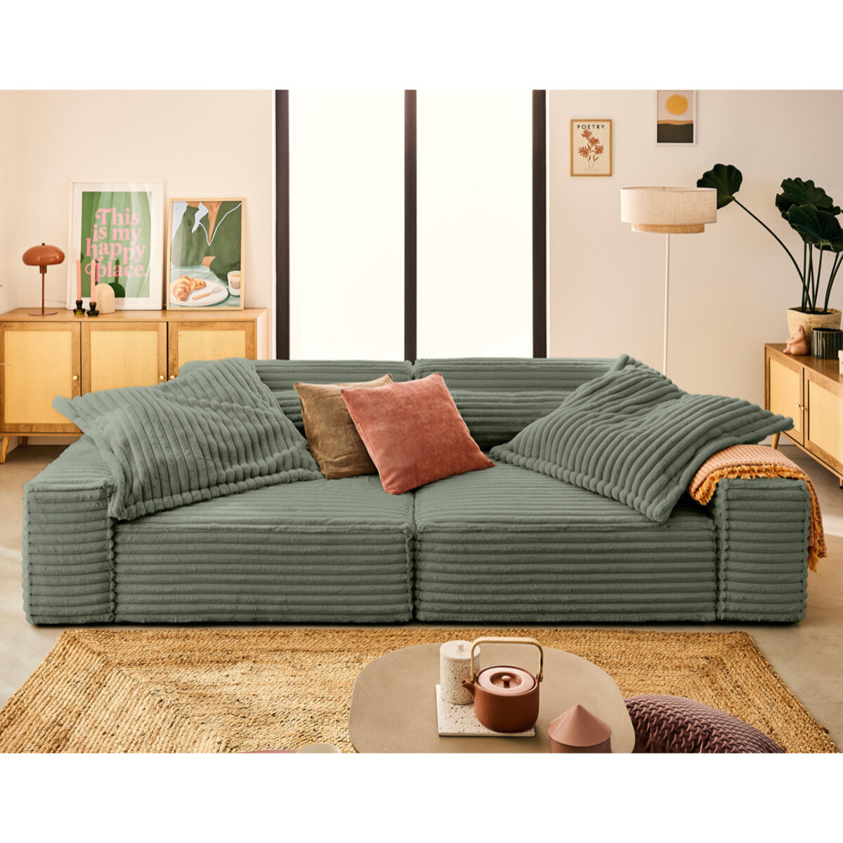 Richie - canapé droit 3 places avec double méridienne - assise profonde - en fausse fourrure côtelée - Vert