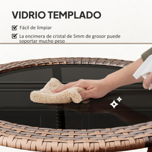 Mesa de Ratán Redonda Ø64x71 cm Mesa de Jardín con Estante Marco de Acero y Tablero de Vidrio Carga 50 kg para Terraza Patio Marrón