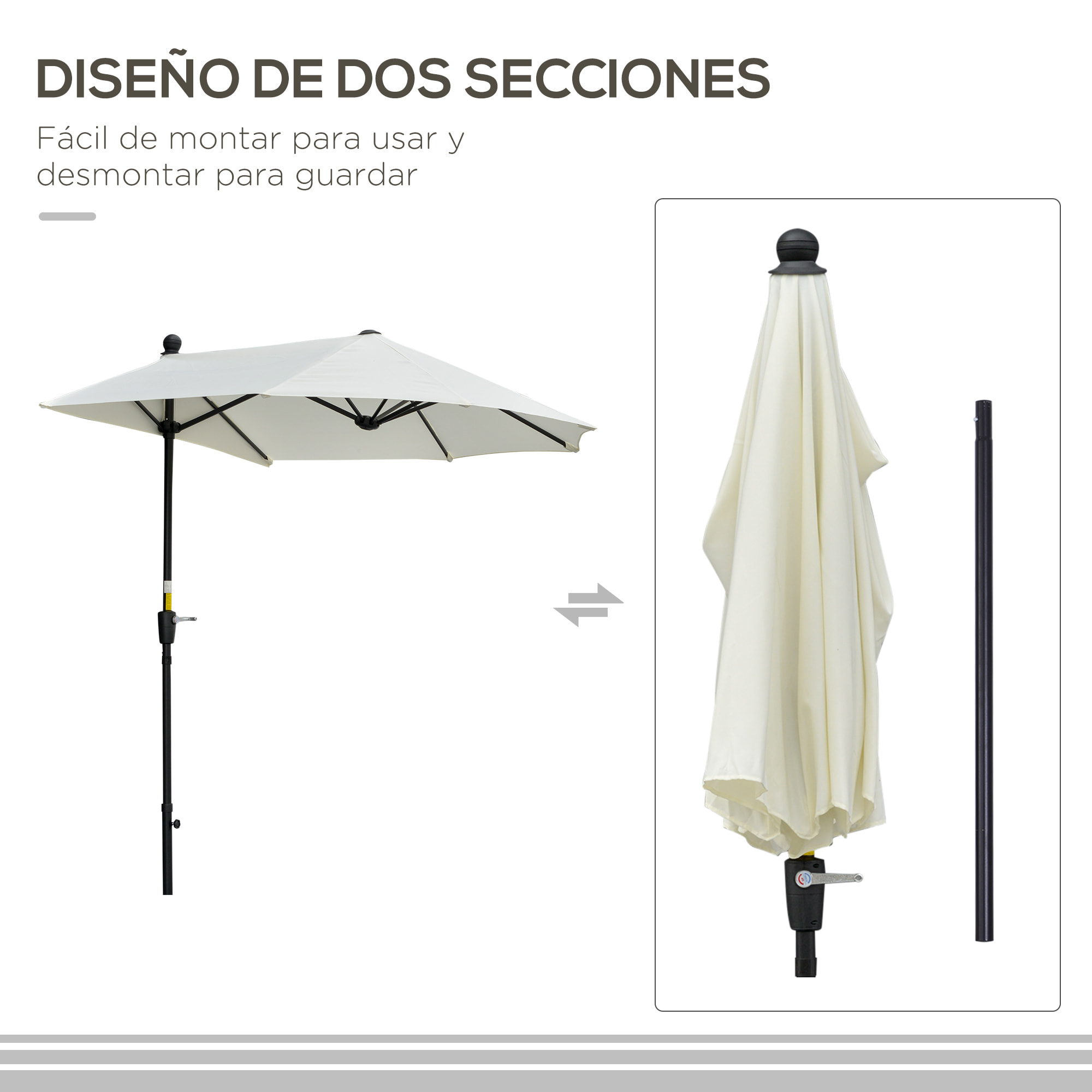 Sombrilla de Pared de Jardín 200x190x240 cm Parasol con Manivela Poste de Acero y Base Cruzada Protección Solar para Terraza Balcón Exterior Crema