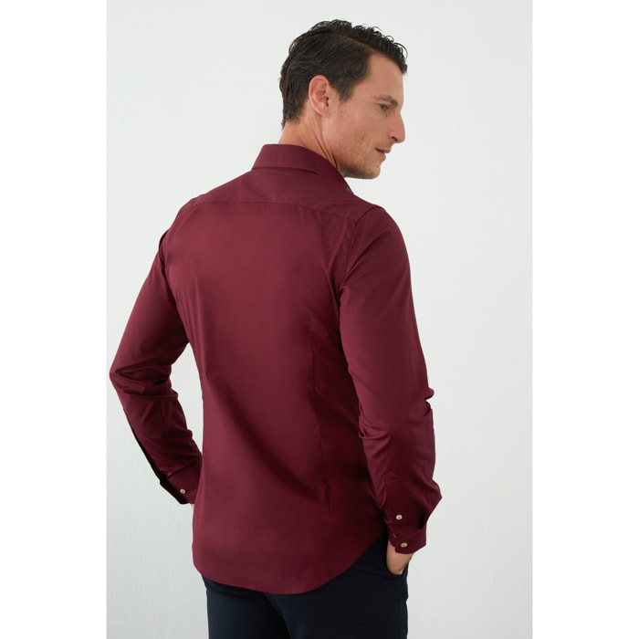 Camicia Uomo 1 Bottone Francese Contrasto sul Collo Popeline Stretch Unito Bordeaux