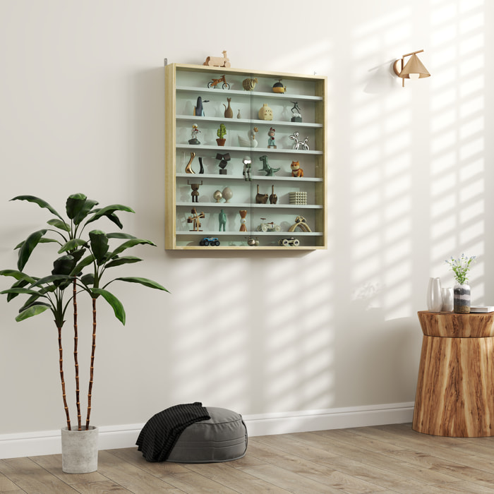 Vitrine murale 6 étagères réglables 2 portes coulissantes verre aspect bois clair blanc
